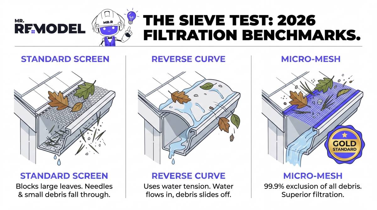 A performance infographic comparing the debris-blocking efficiency of standard screens, reverse curve, and micro-mesh gutter guards.